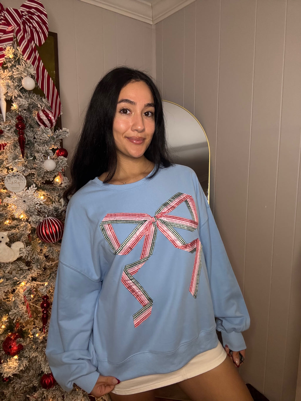 Holiday Gingham Bow Pullover