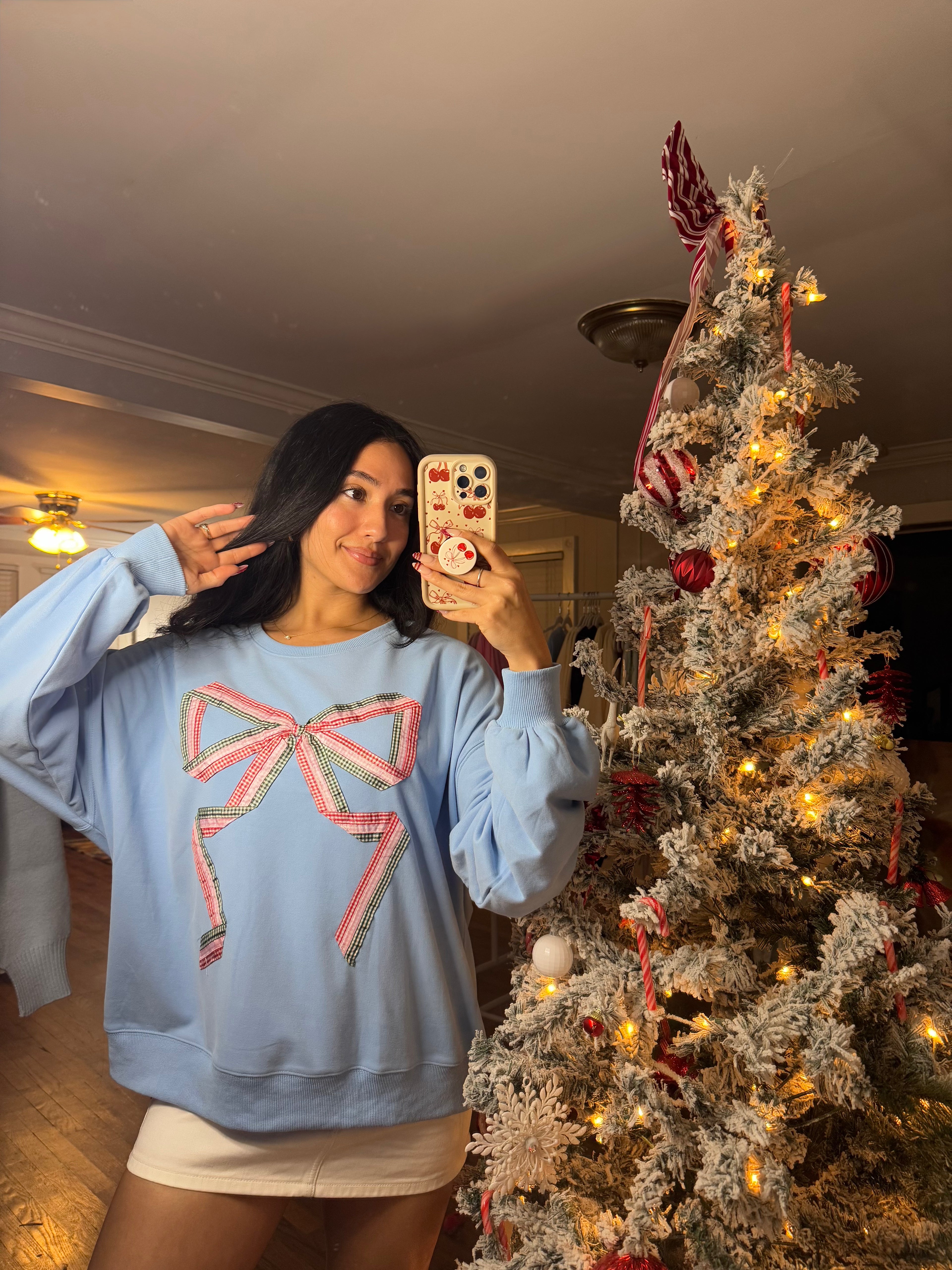 Holiday Gingham Bow Pullover