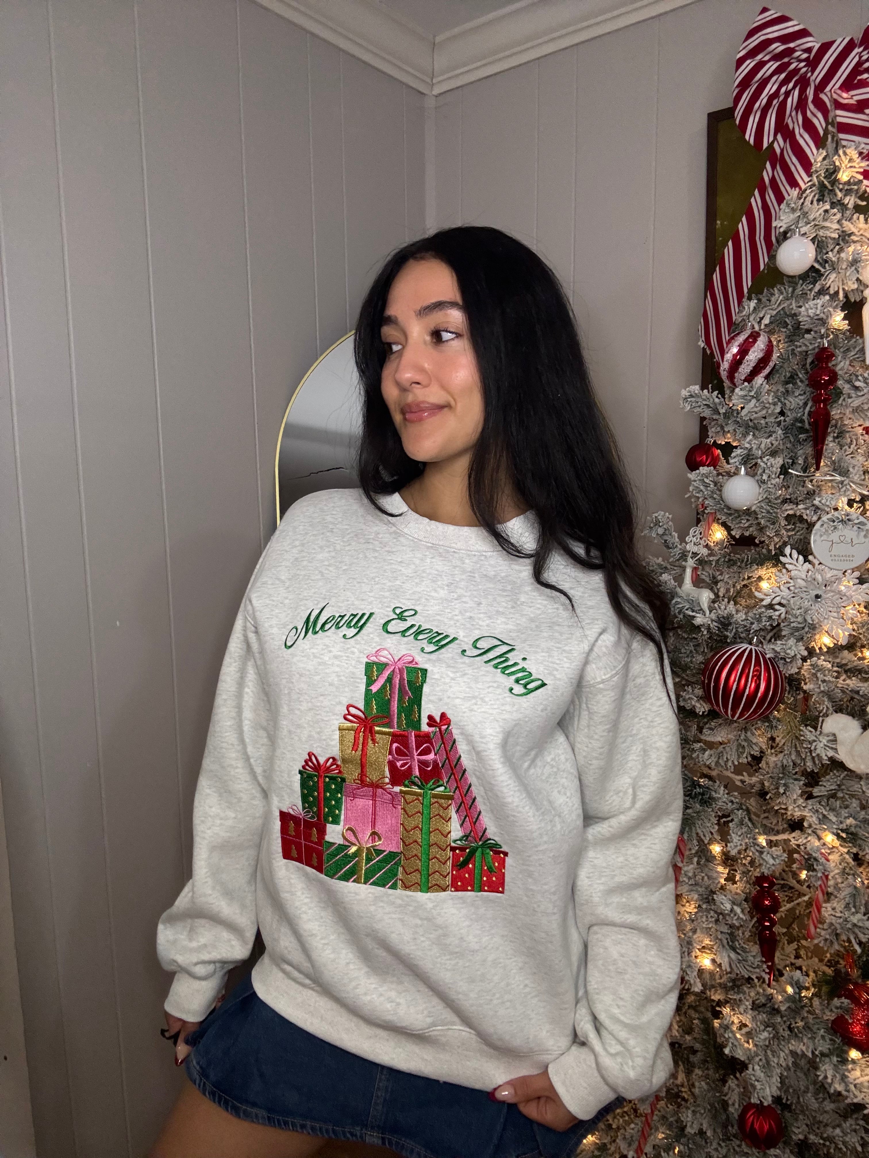 Merry Every Thing Embroidered Sweatshirt - Grey